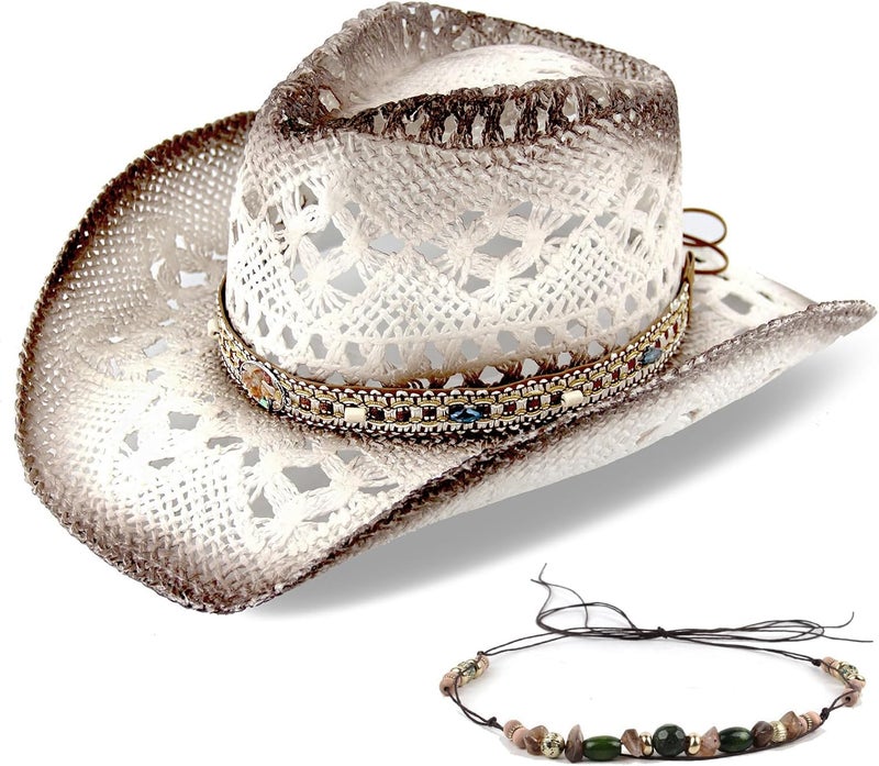 Foeran Men's Women's Straw Cowboy Hat Cowgirl Woven Sun Hat Western Cowboy Hat Two Decorative Bands - Image 1